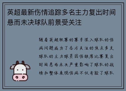 英超最新伤情追踪多名主力复出时间悬而未决球队前景受关注